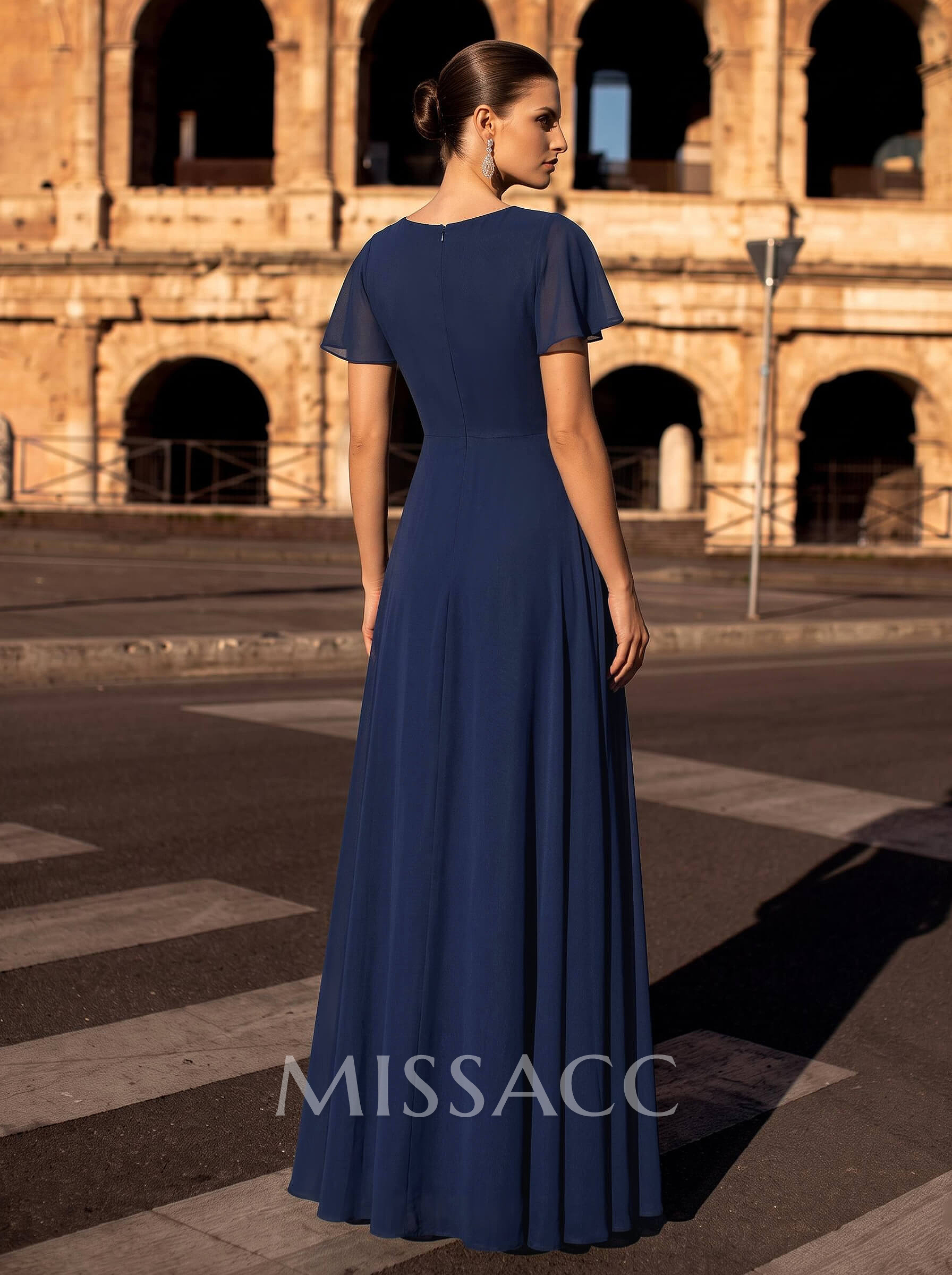 A-Line V-Neck Short Sleeves Floor-Length Chiffon Evening Dresses With High Split
