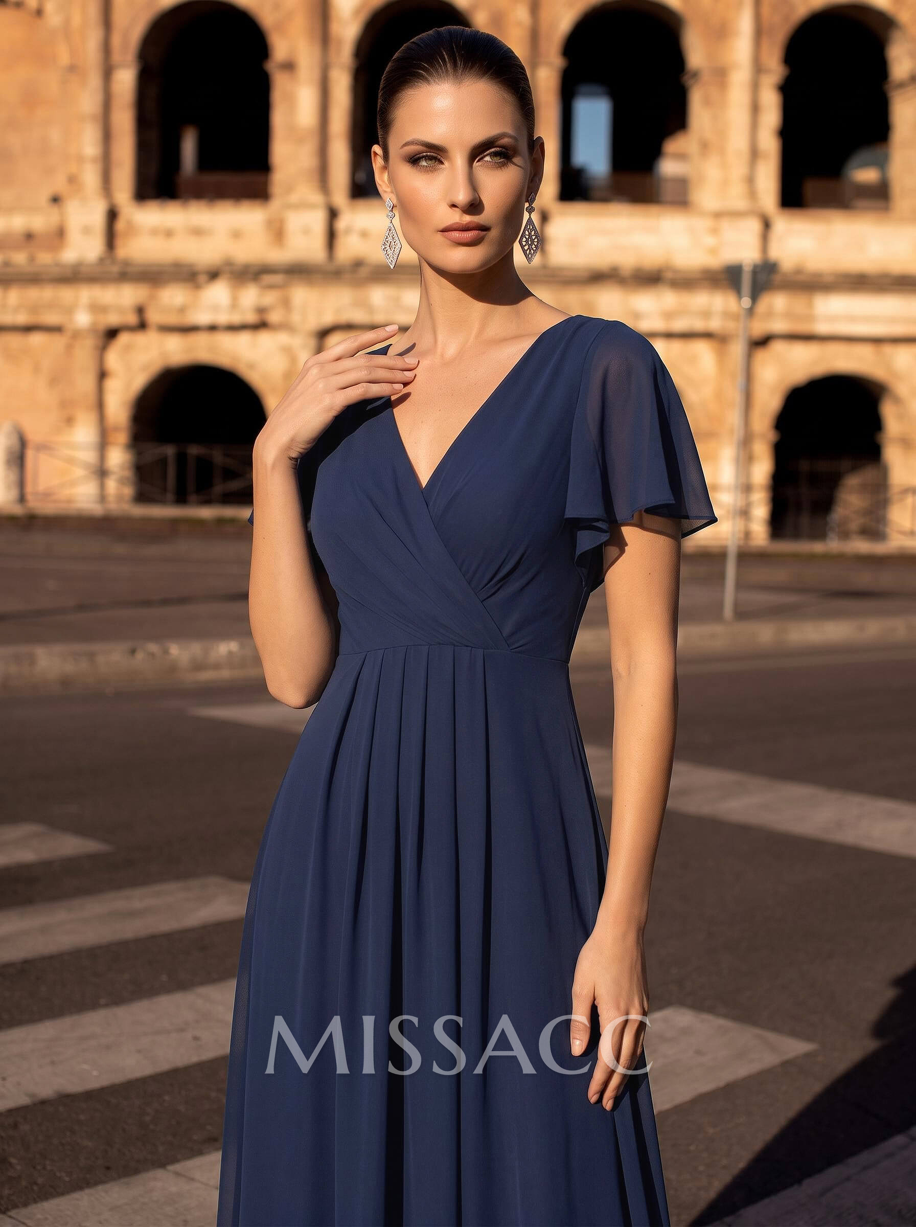 A-Line V-Neck Short Sleeves Floor-Length Chiffon Evening Dresses With High Split