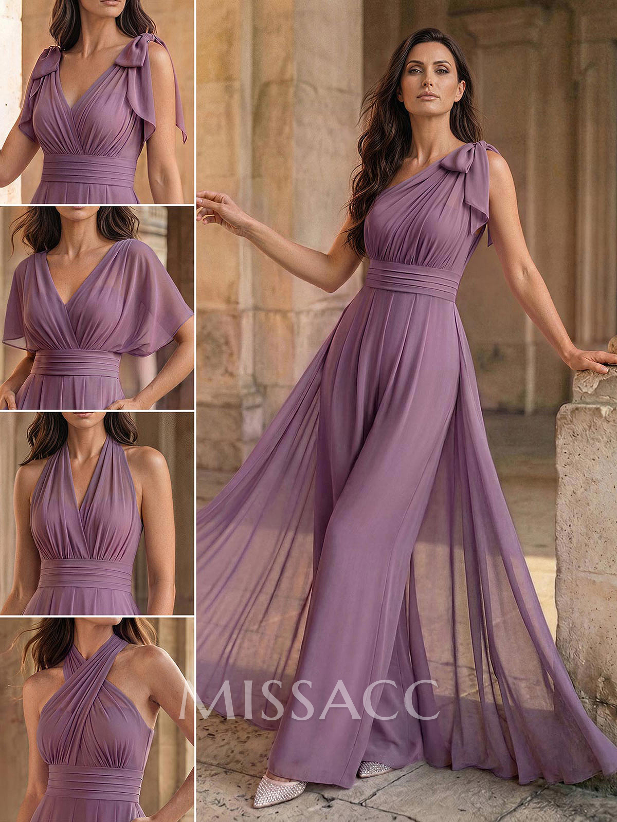 Sleeveless Floor-Length Chiffon Jumpsuit/Trouser Suit Evening Dress With Bow/Overskirt