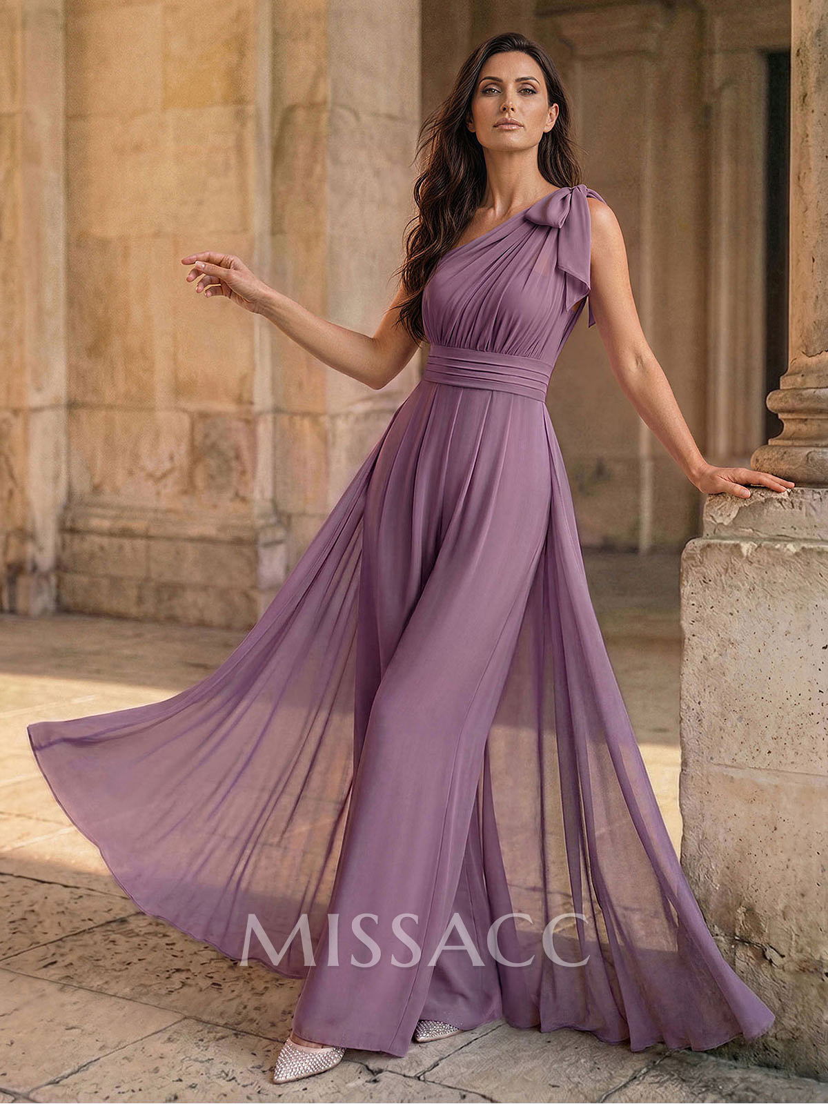 Sleeveless Floor-Length Chiffon Jumpsuit/Trouser Suit Evening Dress With Bow/Overskirt