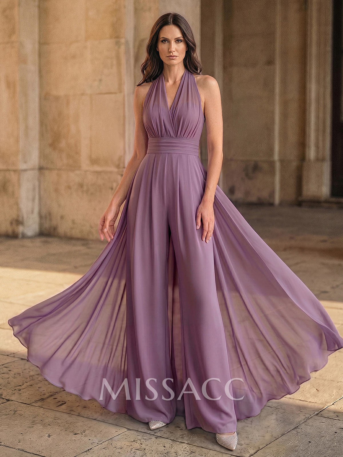 Sleeveless Floor-Length Chiffon Jumpsuit/Trouser Suit Evening Dress With Bow/Overskirt