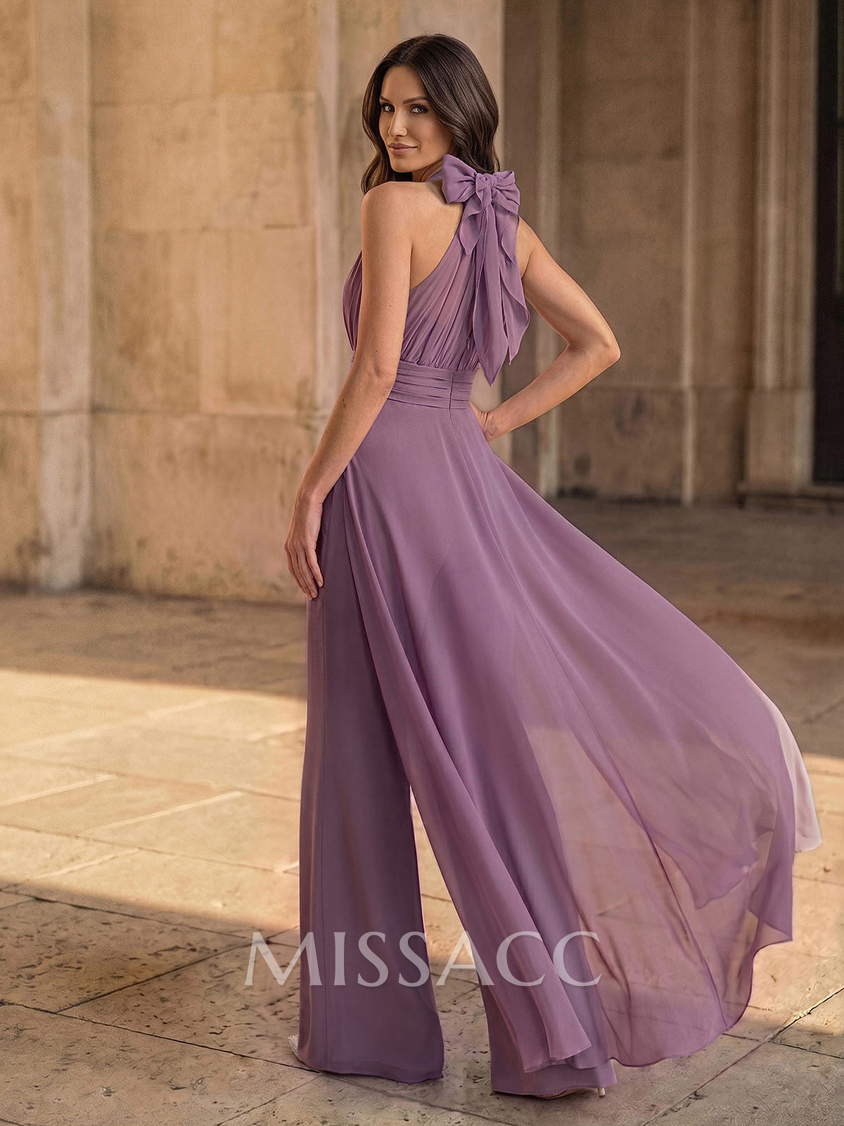 Sleeveless Floor-Length Chiffon Jumpsuit/Trouser Suit Evening Dress With Bow/Overskirt