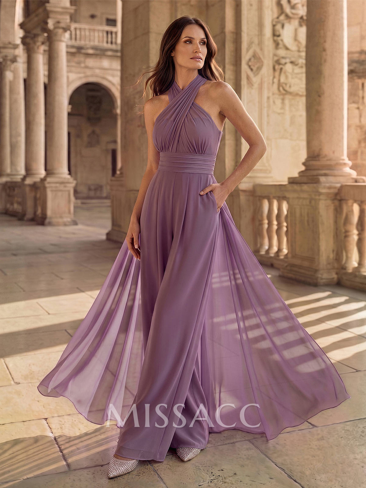 Sleeveless Floor-Length Chiffon Jumpsuit/Trouser Suit Evening Dress With Bow/Overskirt