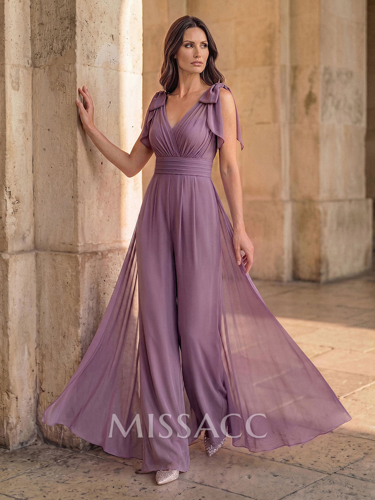 Sleeveless Floor-Length Chiffon Jumpsuit/Trouser Suit Evening Dress With Bow/Overskirt