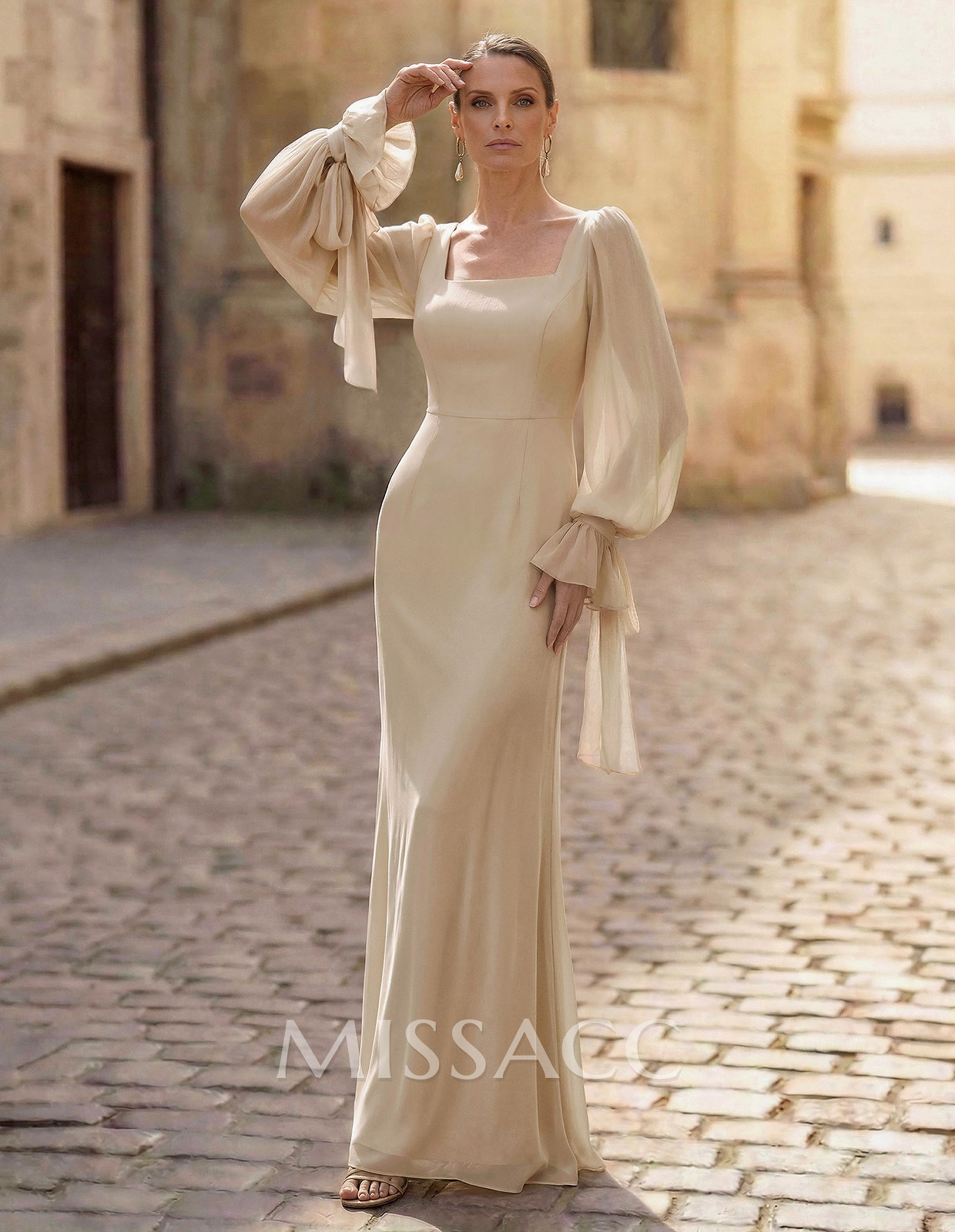 Sheath/Column Square Neck Long Sleeve Floor-Length Chiffon Evening Dresses