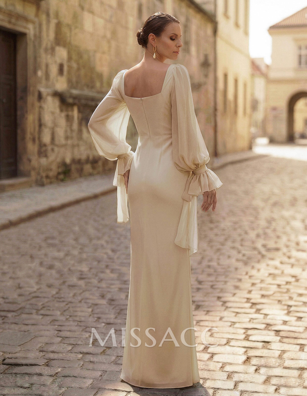 Sheath/Column Square Neck Long Sleeve Floor-Length Chiffon Evening Dresses