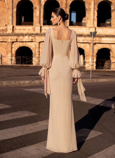 Sheath/Column Square Neckline Long Sleeves Floor-Length Chiffon Evening Dresses