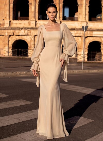 Sheath/Column Square Neckline Long Sleeves Floor-Length Chiffon Evening Dresses