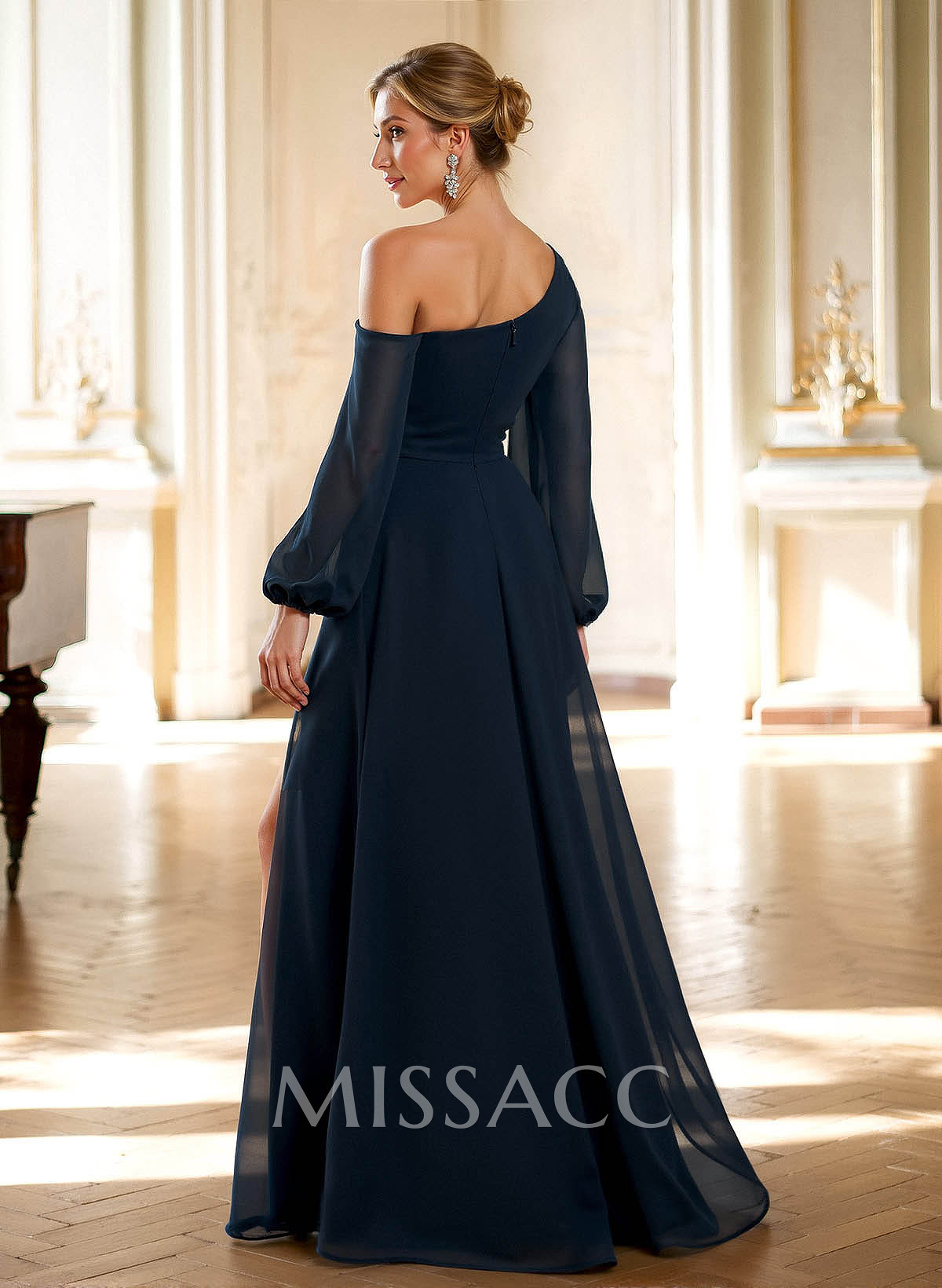 A-Line Asymmetric Long Sleeve Maxi Chiffon Evening Dress With High Slit
