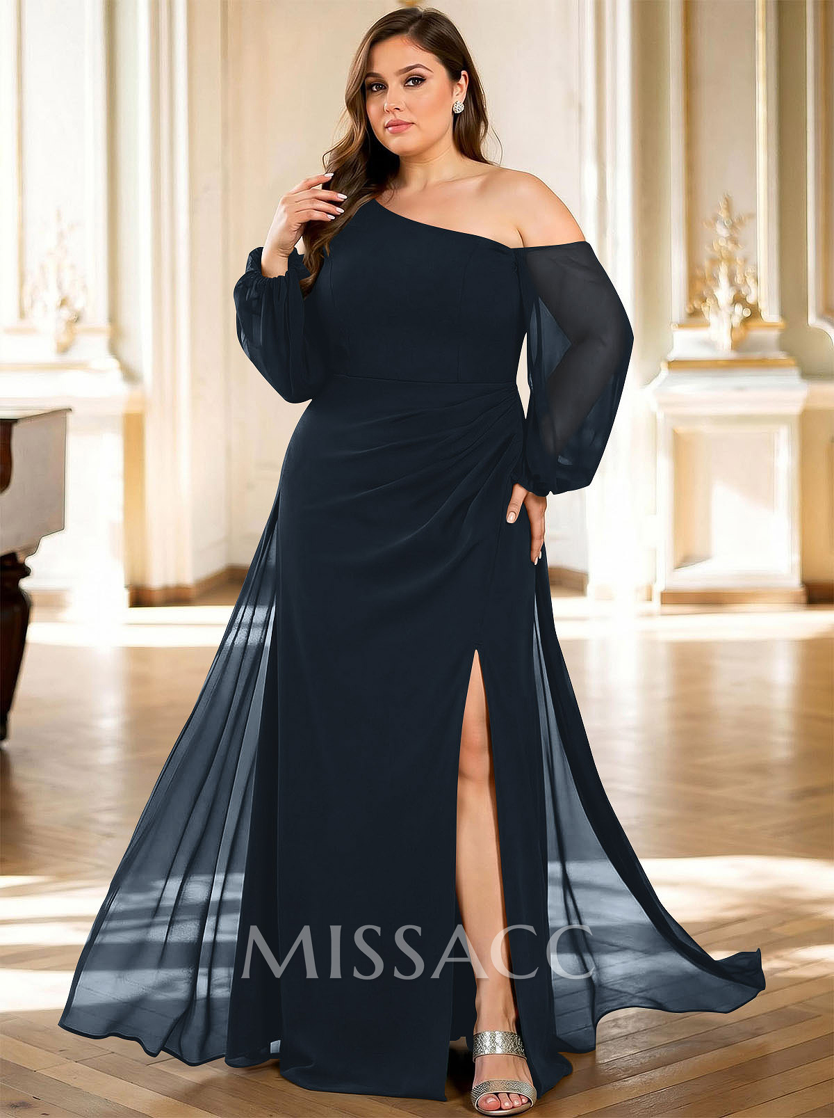 A-Line Asymmetric Long Sleeve Maxi Chiffon Evening Dress With High Slit