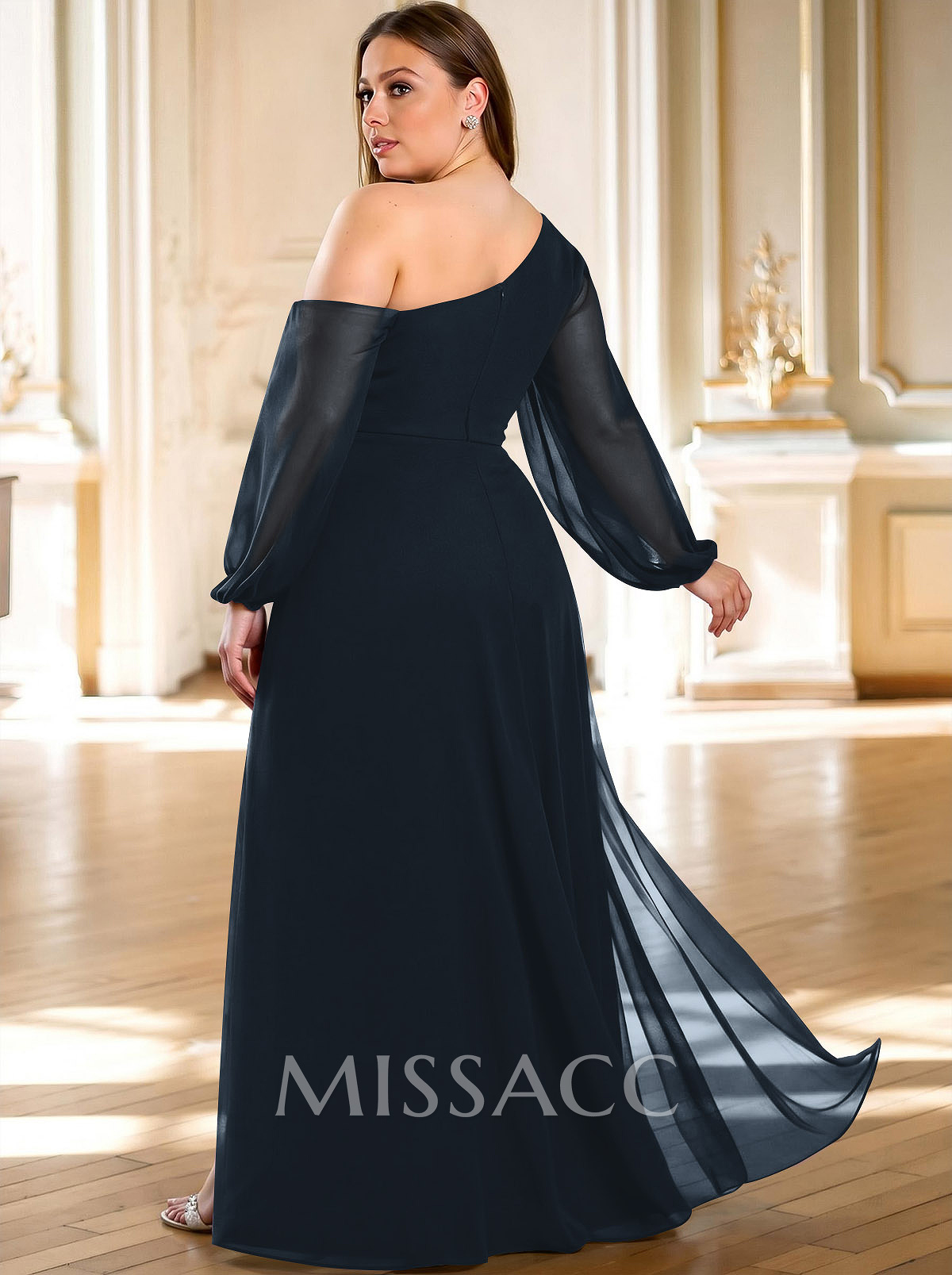 A-Line Asymmetric Long Sleeve Maxi Chiffon Evening Dress With High Slit