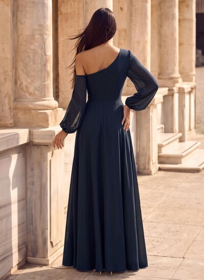 A-Line Asymmetrical Long Sleeves Floor-Length Chiffon Evening Dresses With High Split