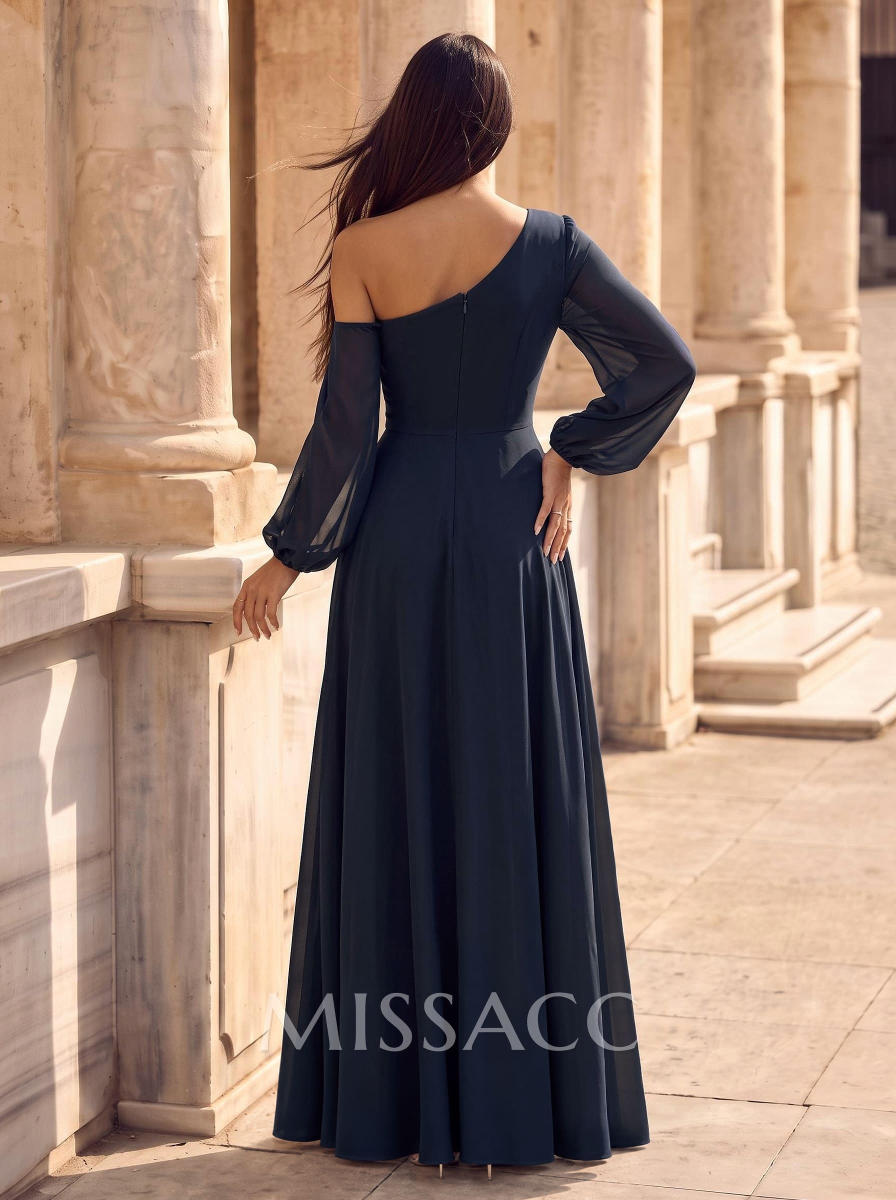 A-Line Asymmetrical Long Sleeves Floor-Length Chiffon Evening Dresses With High Split