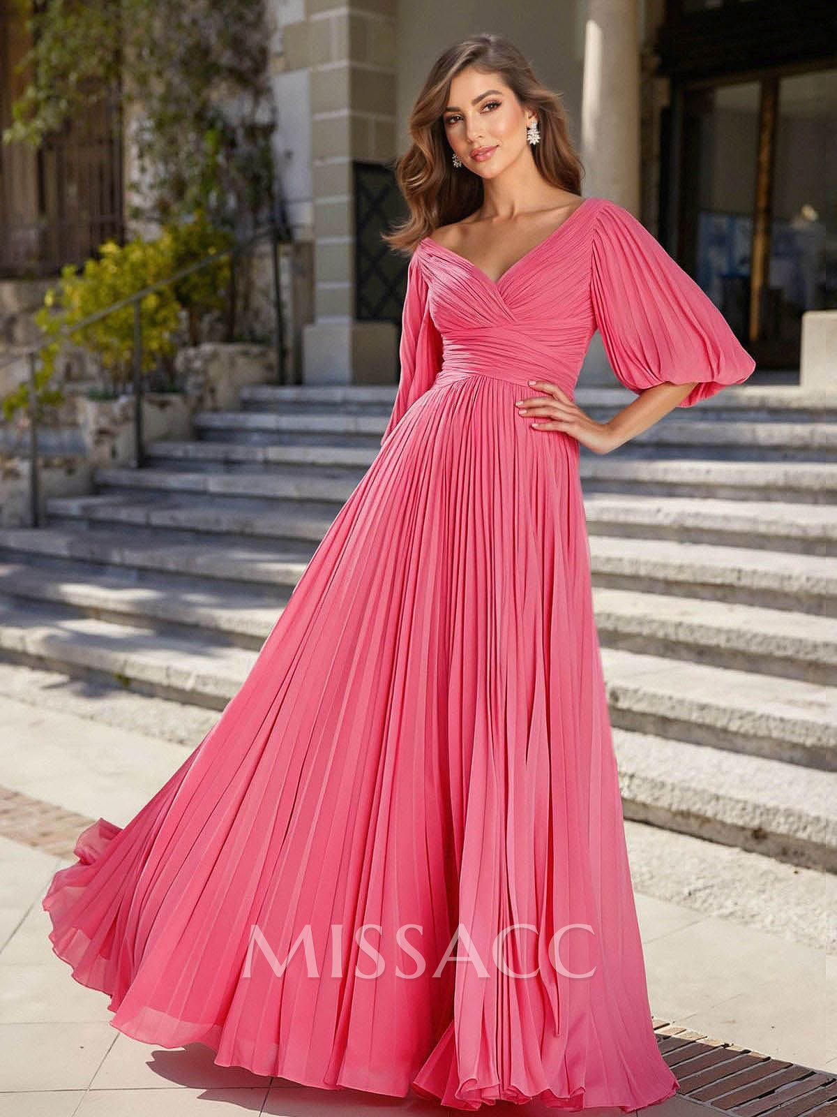 A-Line V-Neck Half-Sleeve Floor-Length Pleated Chiffon Evening Dress