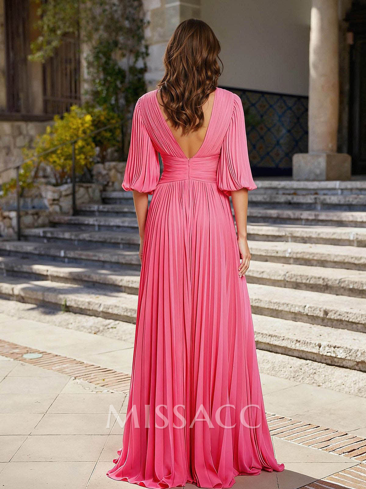 A-Line V-Neck Half-Sleeve Floor-Length Pleated Chiffon Evening Dress