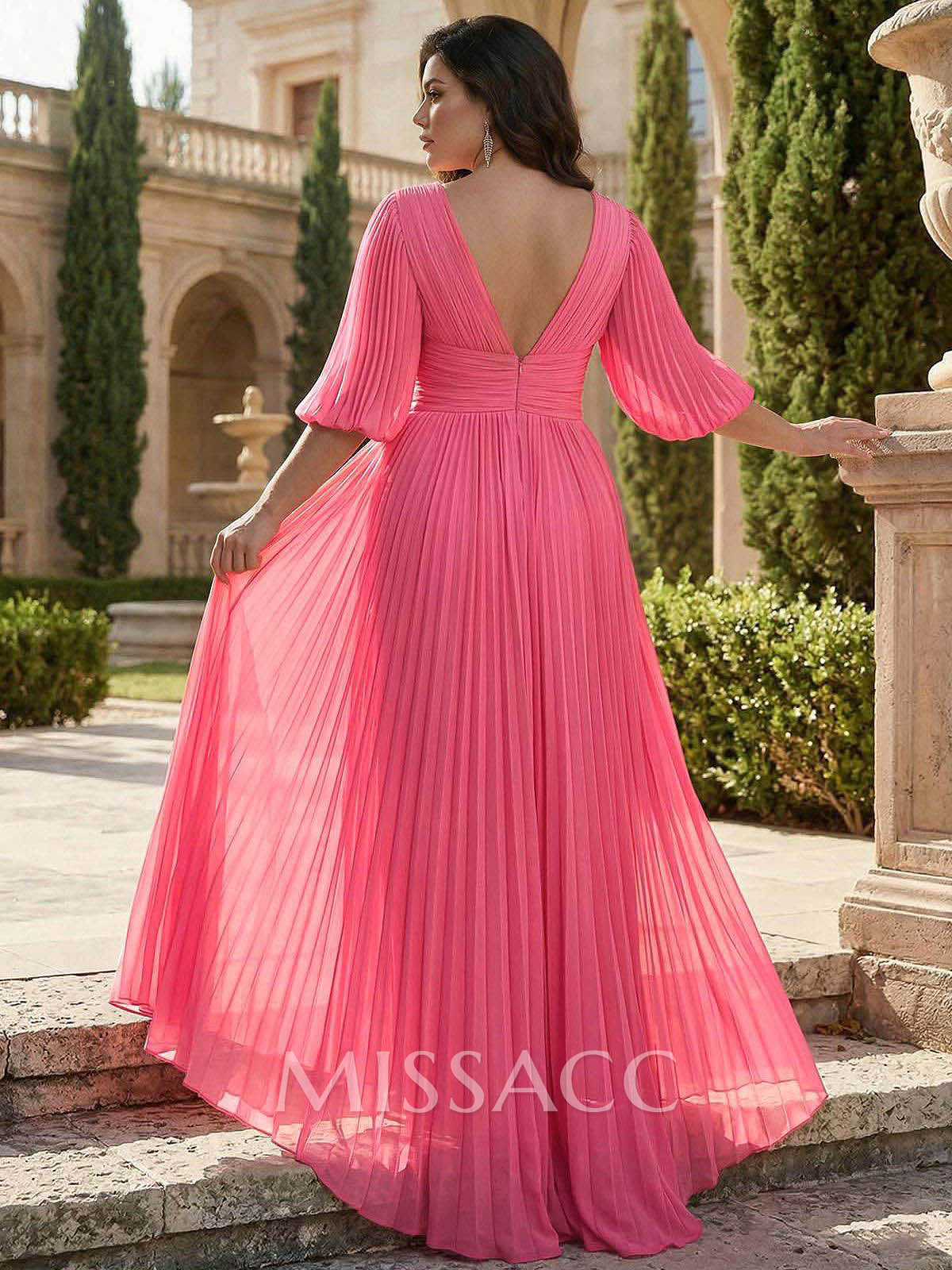 A-Line V-Neck Half-Sleeve Floor-Length Pleated Chiffon Evening Dress