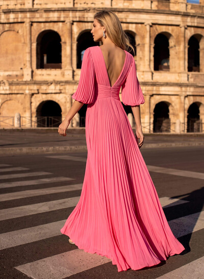 A-Line V-Neck Half-Sleeve Floor-Length Chiffon Evening Gown With Pleats