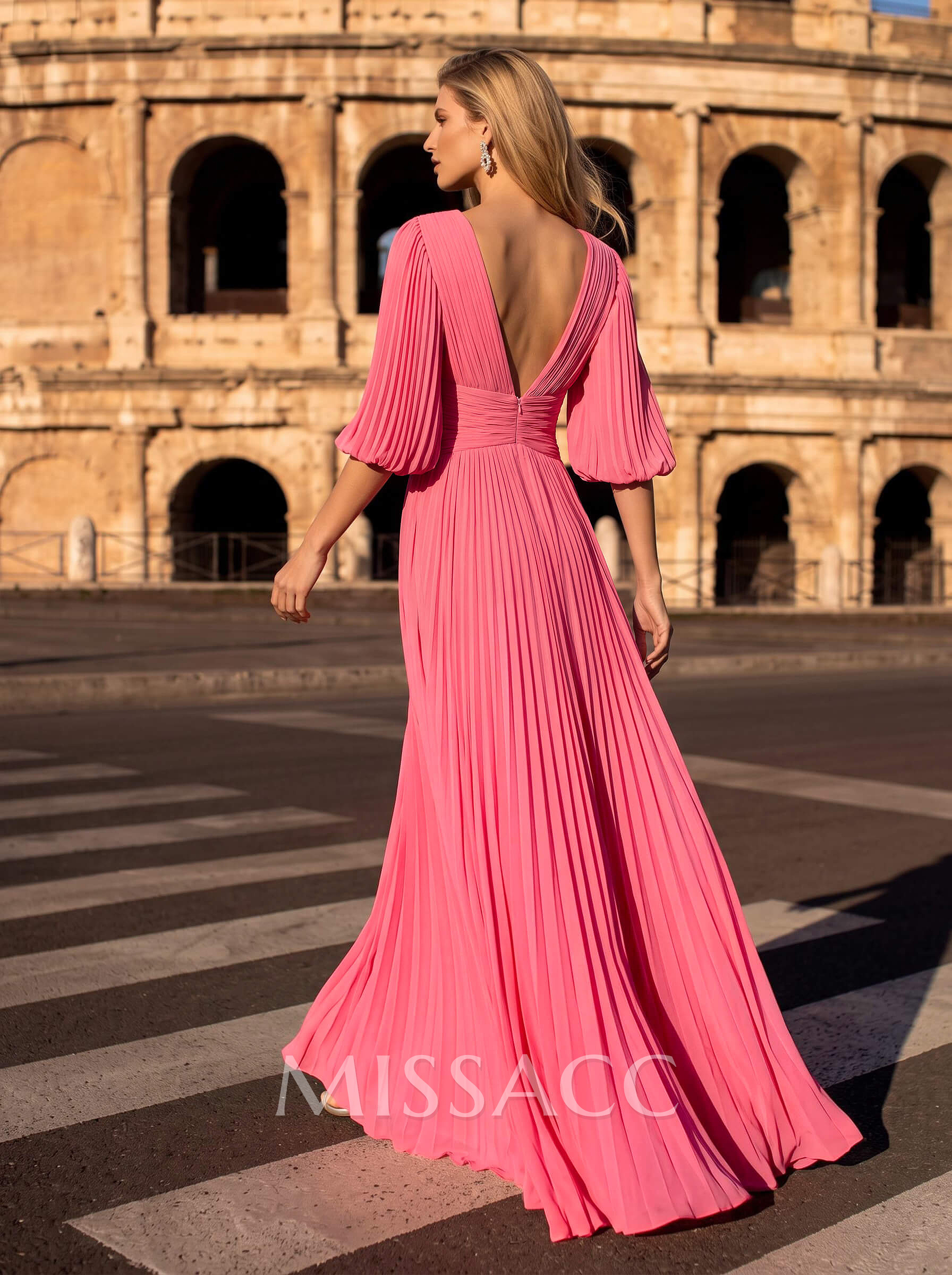 A-Line V-Neck 1/2 Sleeves Floor-Length Chiffon Evening Dresses With Pleated A-Line V-Neck 1/2 Sleeves Floor-Length Chiffon Evening Dresses With Pleated