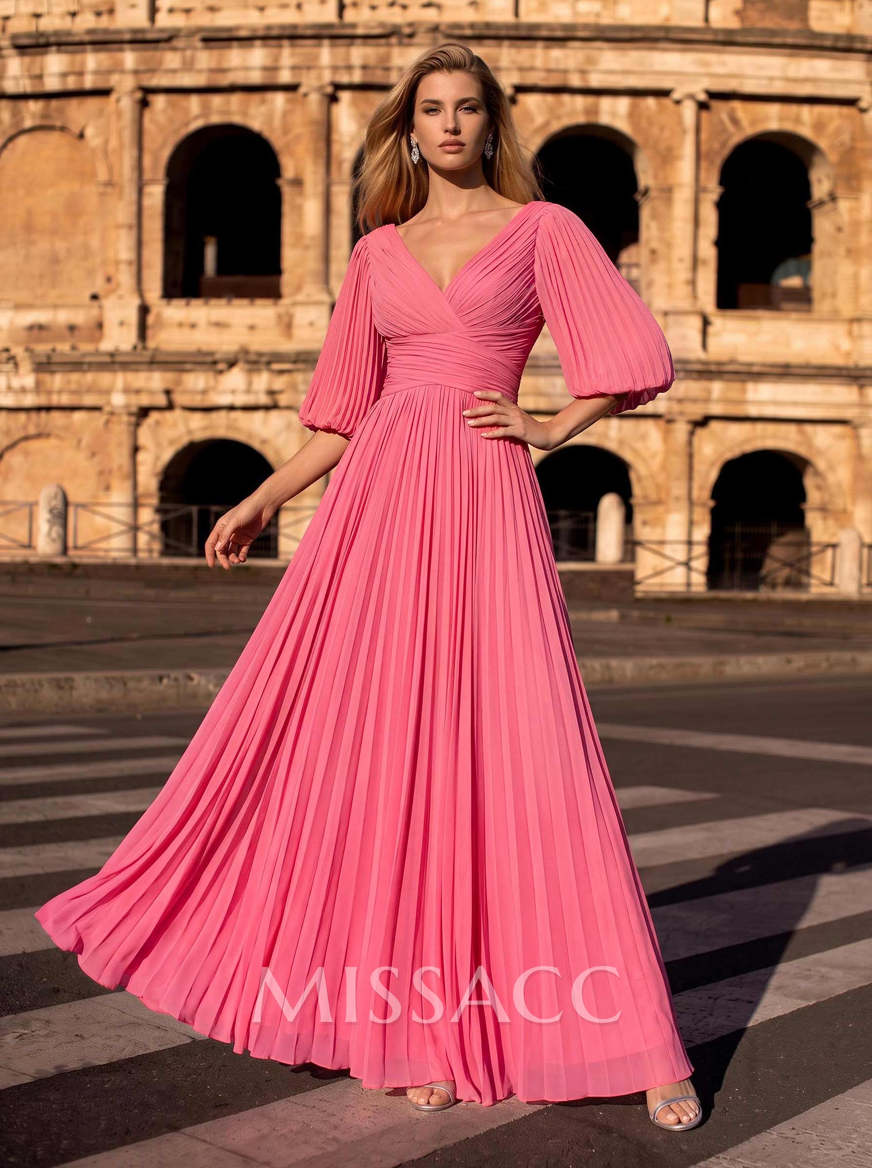 A-Line V-Neck 1/2 Sleeves Floor-Length Chiffon Evening Dresses With Pleated A-Line V-Neck 1/2 Sleeves Floor-Length Chiffon Evening Dresses With Pleated