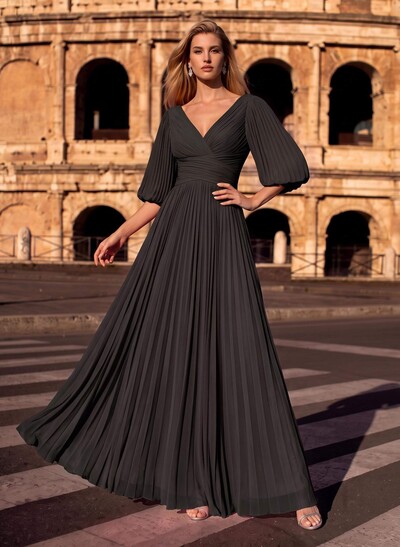 A-Line V-Neck 1/2 Sleeves Floor-Length Chiffon Evening Dresses With Pleated