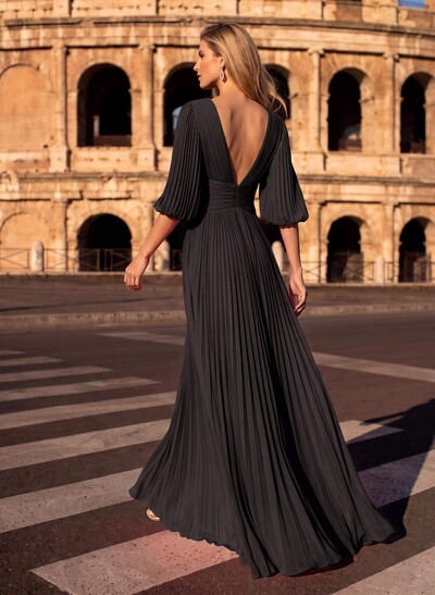 A-Line V-Neck 1/2 Sleeves Floor-Length Chiffon Evening Dresses With Pleated