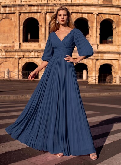 A-Line V-Neck 1/2 Sleeves Floor-Length Chiffon Evening Dresses With Pleated