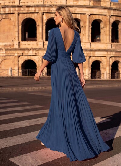 A-Line V-Neck 1/2 Sleeves Floor-Length Chiffon Evening Dresses With Pleated