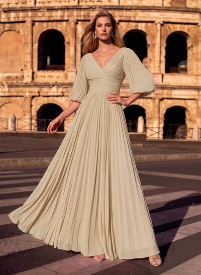 A-Line V-Neck 1/2 Sleeves Floor-Length Chiffon Evening Dresses With Pleated