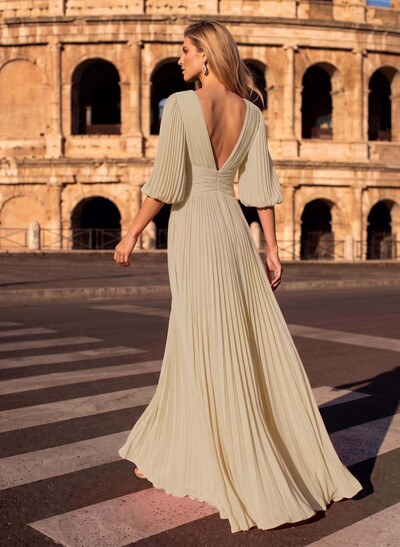 A-Line V-Neck 1/2 Sleeves Floor-Length Chiffon Evening Dresses With Pleated