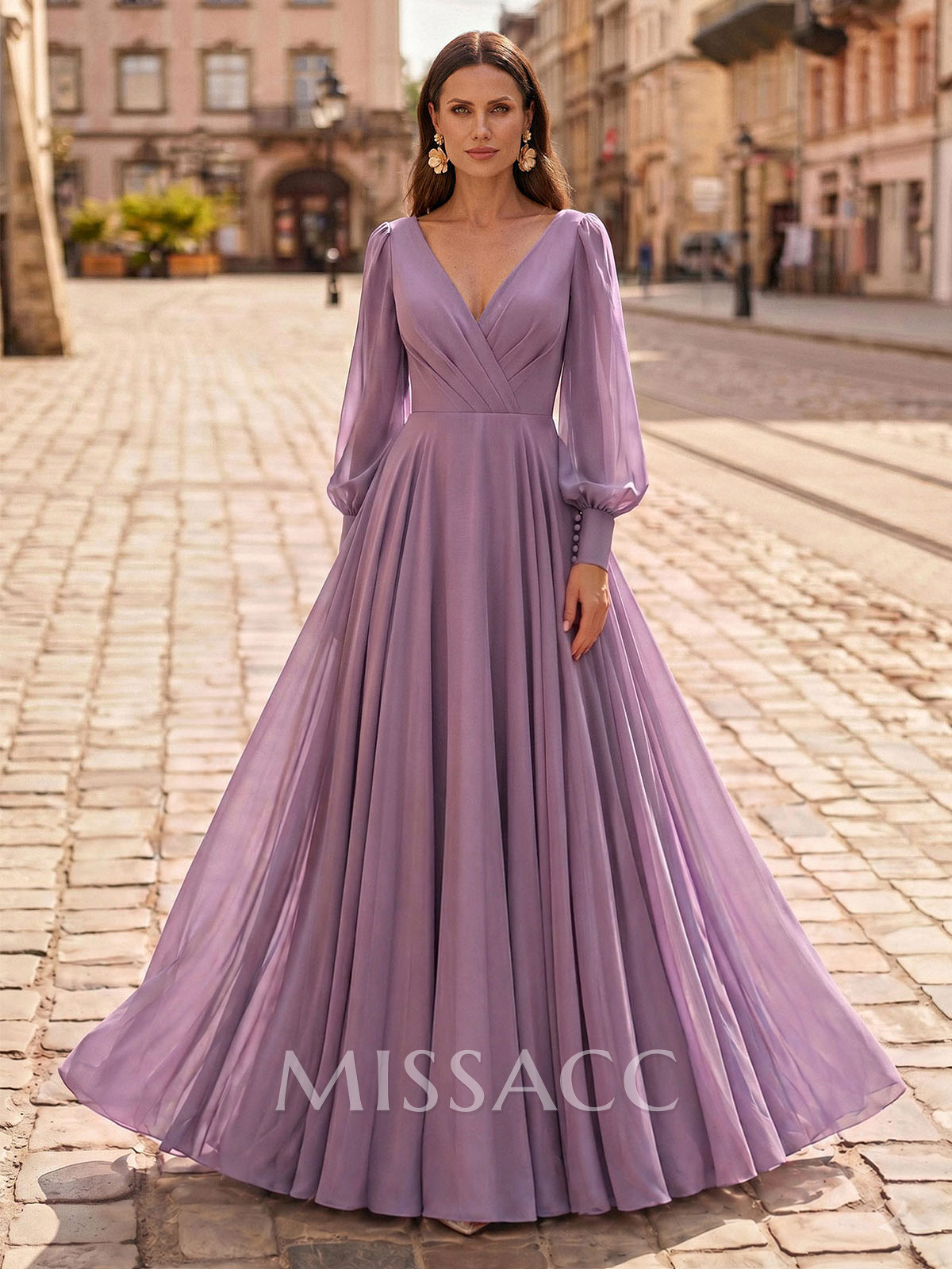 A-Line V-Neck Long Sleeve Floor-Length Chiffon Evening Gowns