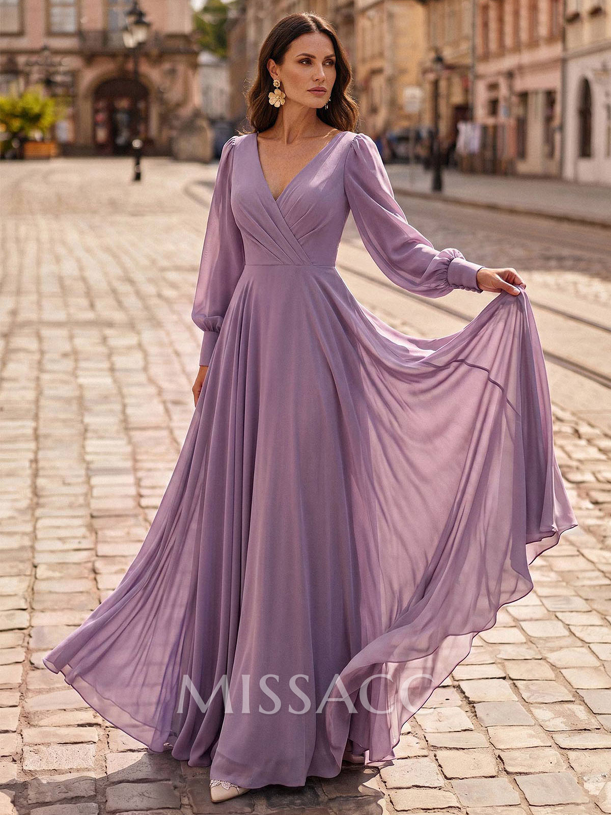 A-Line V-Neck Long Sleeve Floor-Length Chiffon Evening Gowns