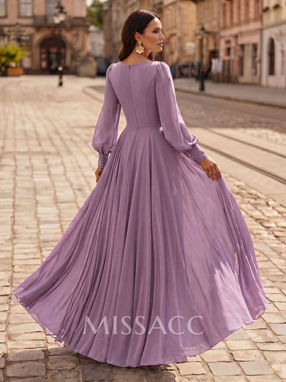 A-Line V-Neck Long Sleeve Floor-Length Chiffon Evening Gowns