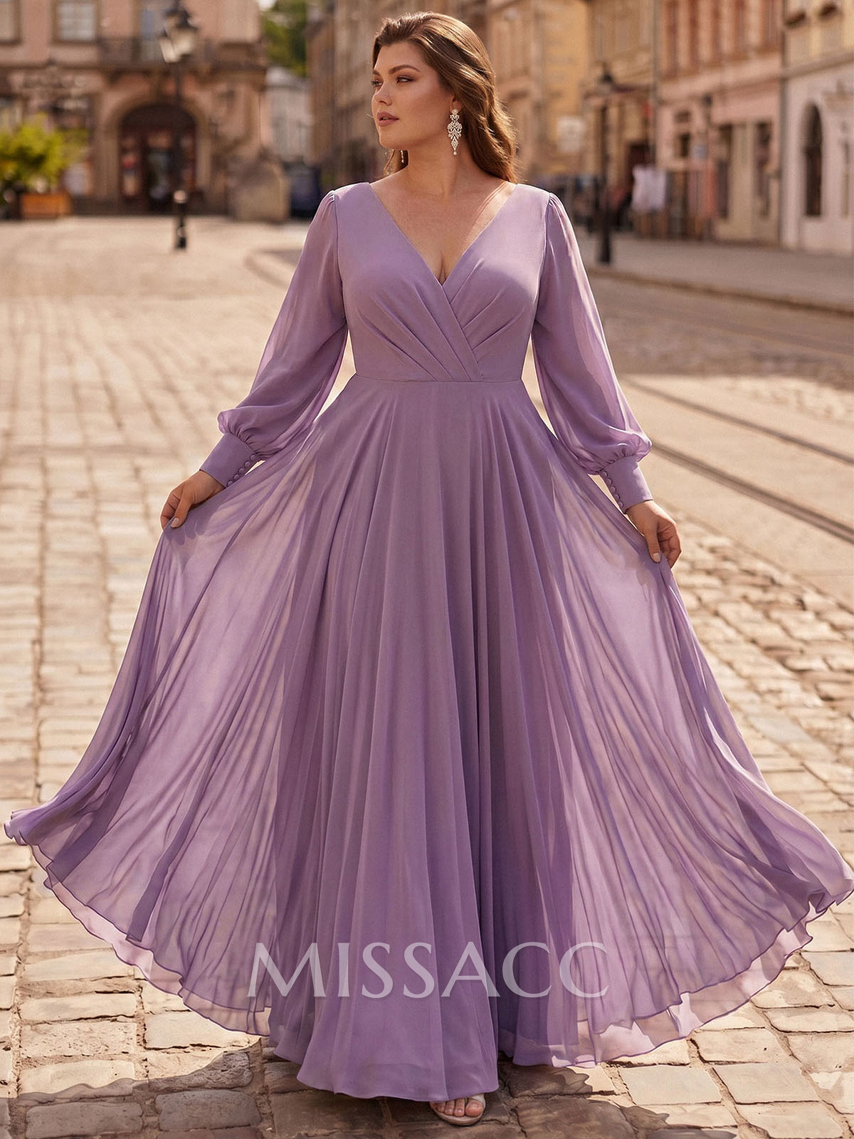 A-Line V-Neck Long Sleeve Floor-Length Chiffon Evening Gowns