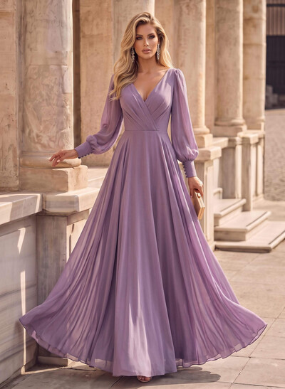A-Line V-Neck Long Sleeves Floor-Length Chiffon Evening Dresses