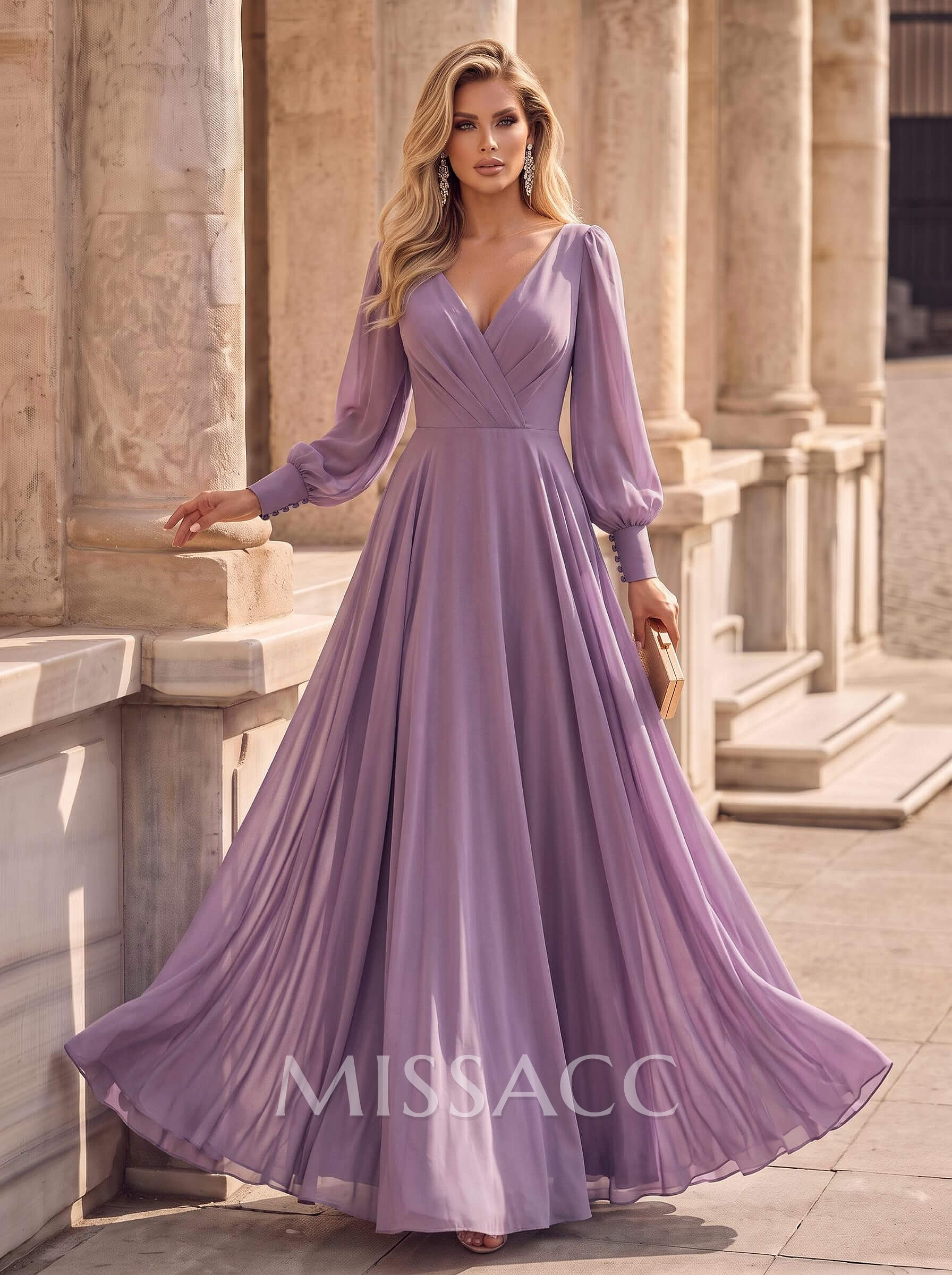 A-Line V-Neck Long Sleeves Floor-Length Chiffon Evening Dresses