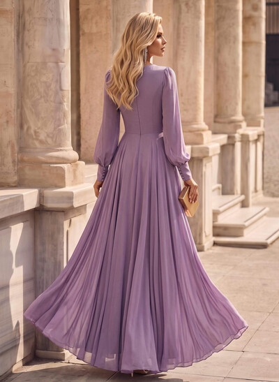A-Line V-Neck Long Sleeves Floor-Length Chiffon Evening Dresses