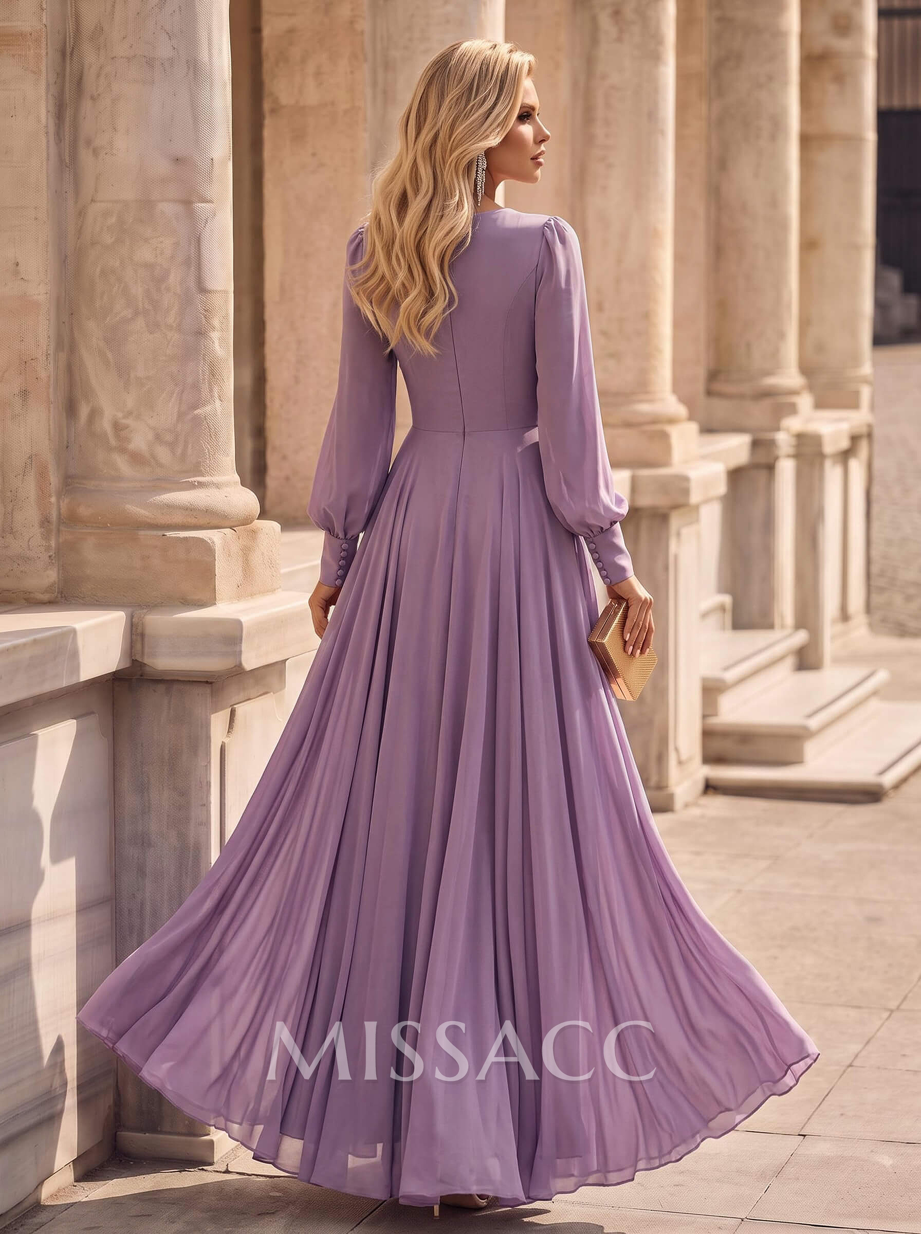 A-Line V-Neck Long Sleeves Floor-Length Chiffon Evening Dresses