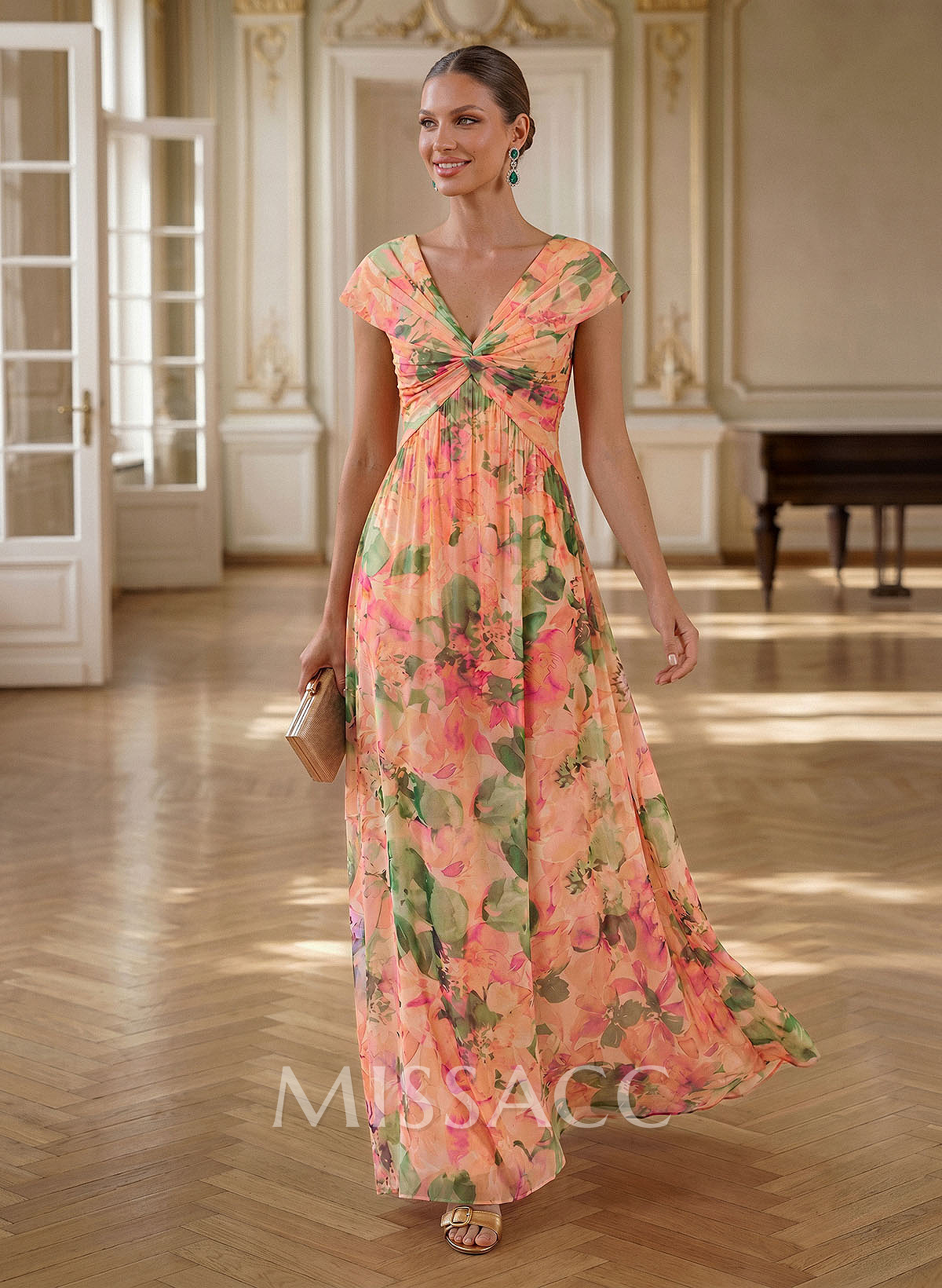 A-Line V-Neck Sleeveless Maxi Chiffon Evening Dresses With Pleated/Floral Print
