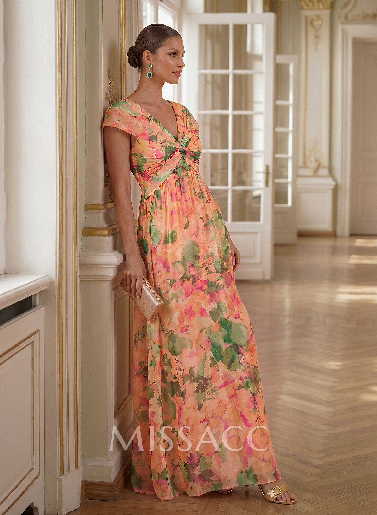 A-Line V-Neck Sleeveless Maxi Chiffon Evening Dresses With Pleated/Floral Print
