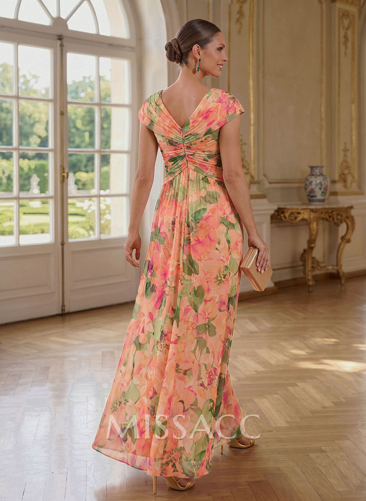 A-Line V-Neck Sleeveless Maxi Chiffon Evening Dresses With Pleated/Floral Print