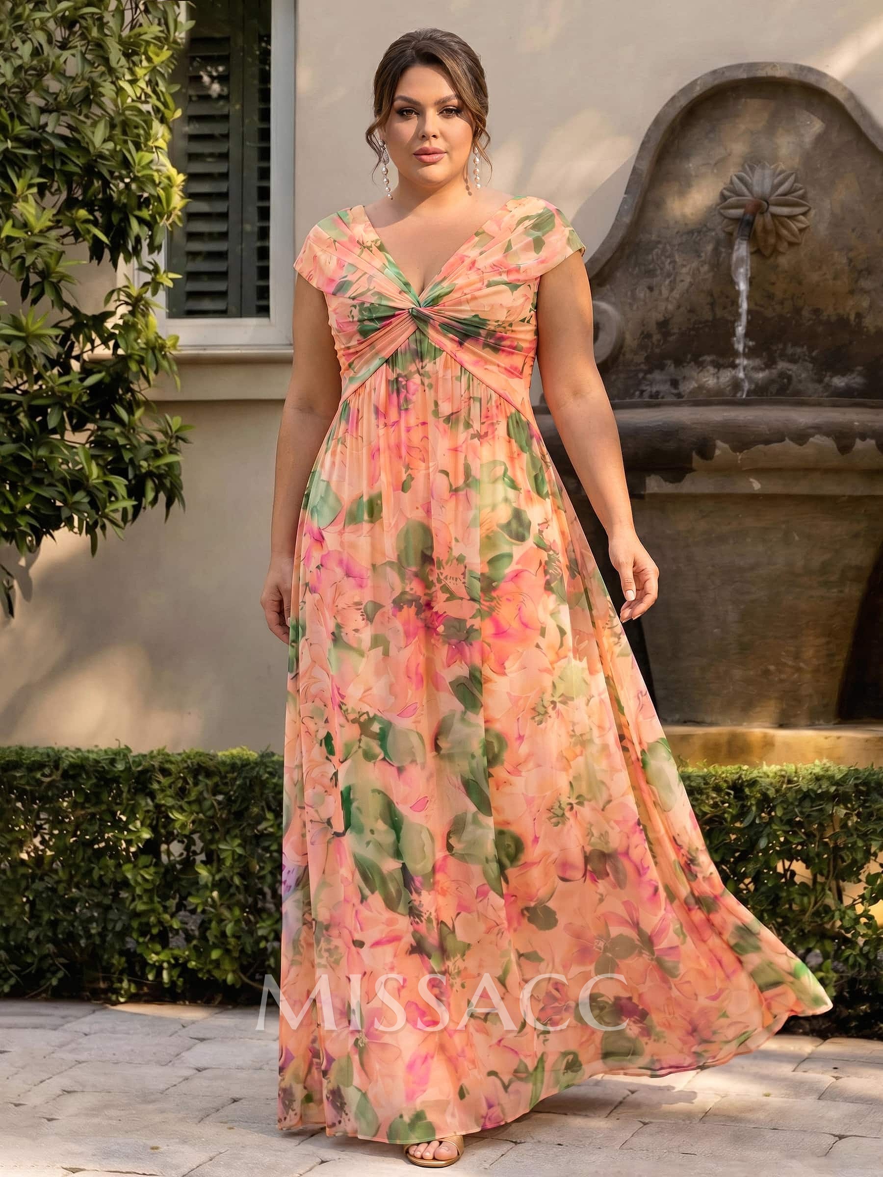 A-Line V-Neck Sleeveless Maxi Chiffon Evening Dresses With Pleated/Floral Print