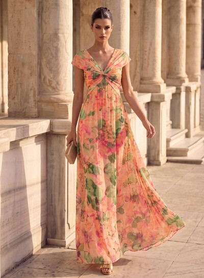 A-Line V-Neck Sleeveless Floor-Length Chiffon Evening Dresses With Pleated/Floral-Print