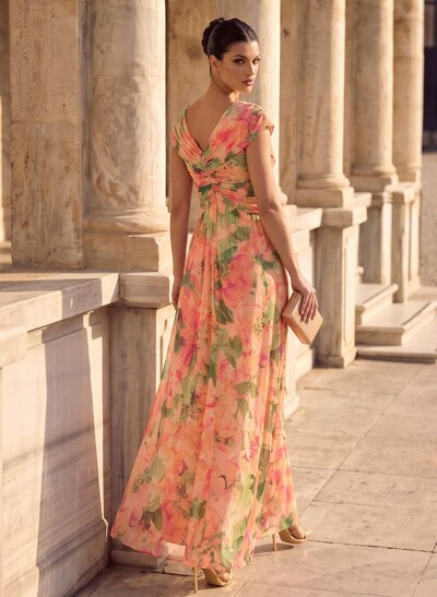 A-Line V-Neck Sleeveless Floor-Length Chiffon Evening Dresses With Pleated/Floral-Print