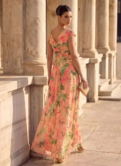 A-Line V-Neck Sleeveless Floor-Length Chiffon Evening Dresses With Pleated/Floral-Print