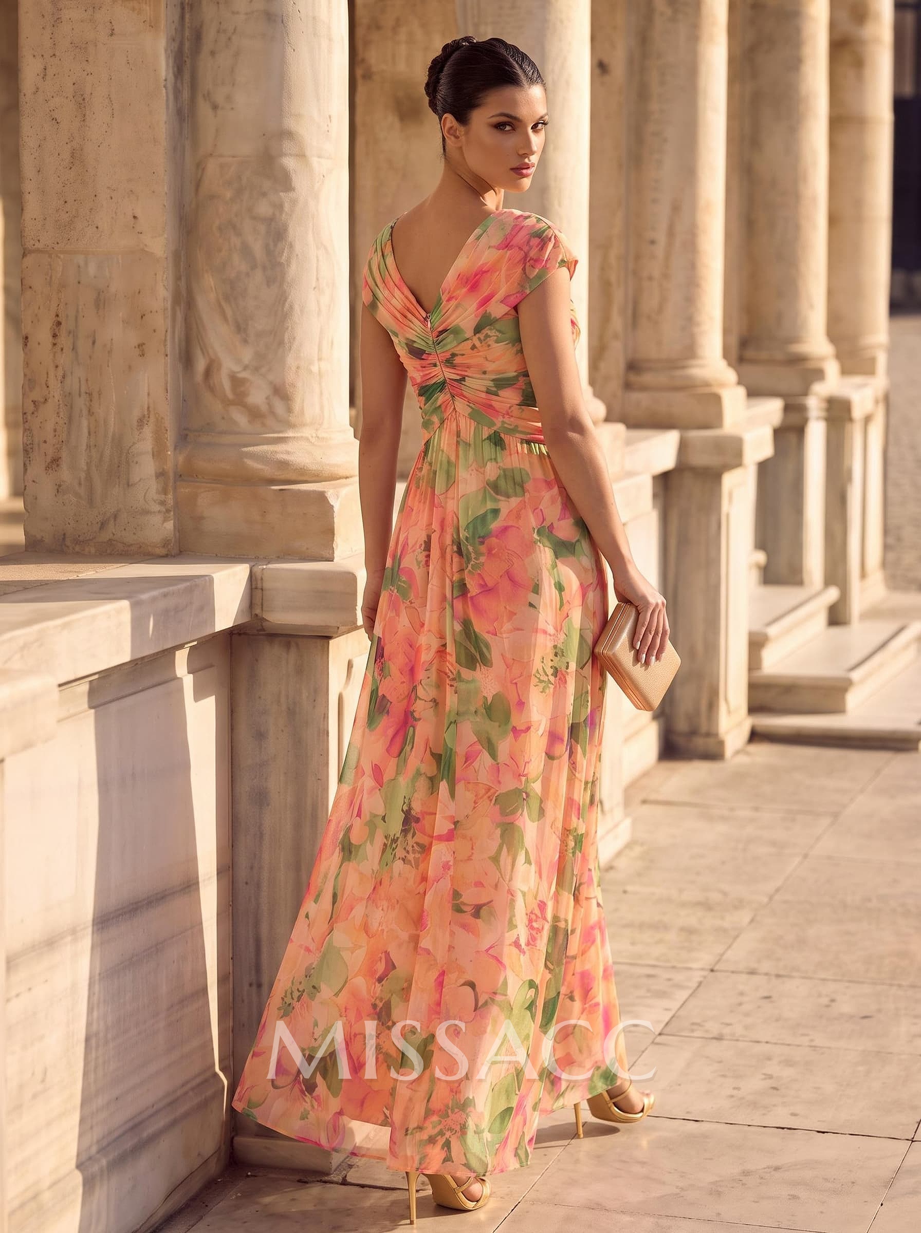 A-Line V-Neck Sleeveless Floor-Length Chiffon Evening Dresses With Pleated/Floral-Print
