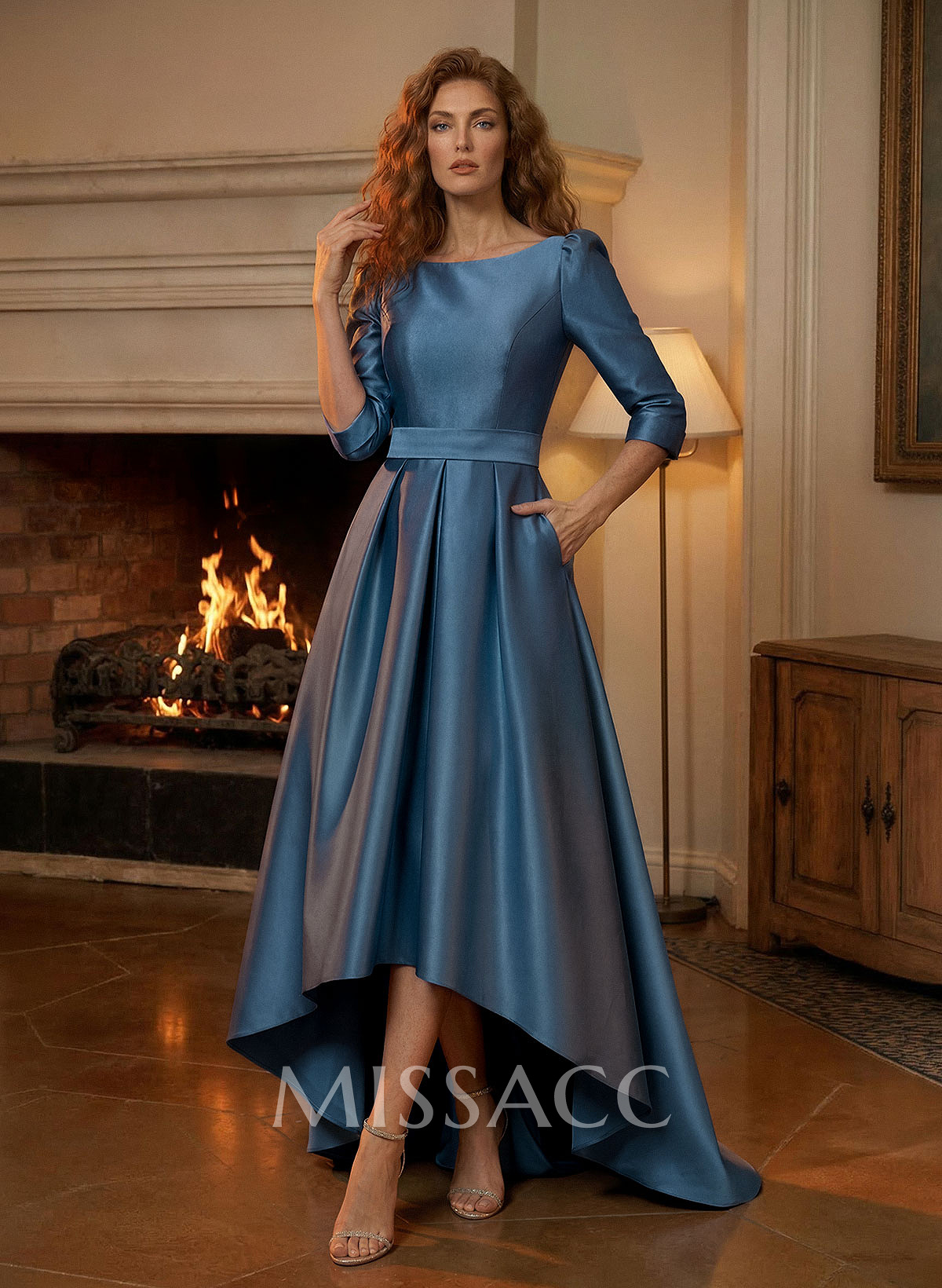 A-Line Scoop Neck 3/4 Sleeve Satin Evening Dresses With Sweep Train