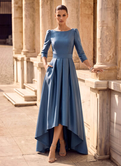 A-Line Scoop Neck 3/4 Sleeves Sweep Train Satin Evening Dresses