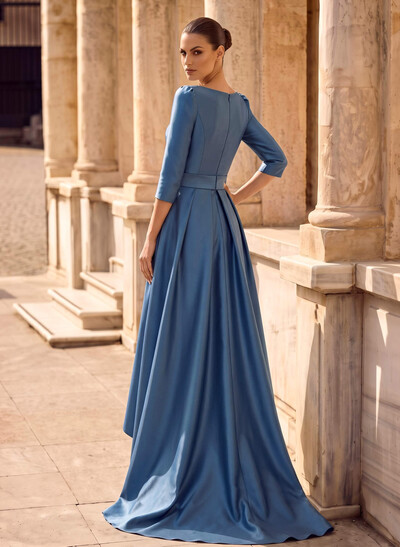 A-Line Scoop Neck 3/4 Sleeves Sweep Train Satin Evening Dresses