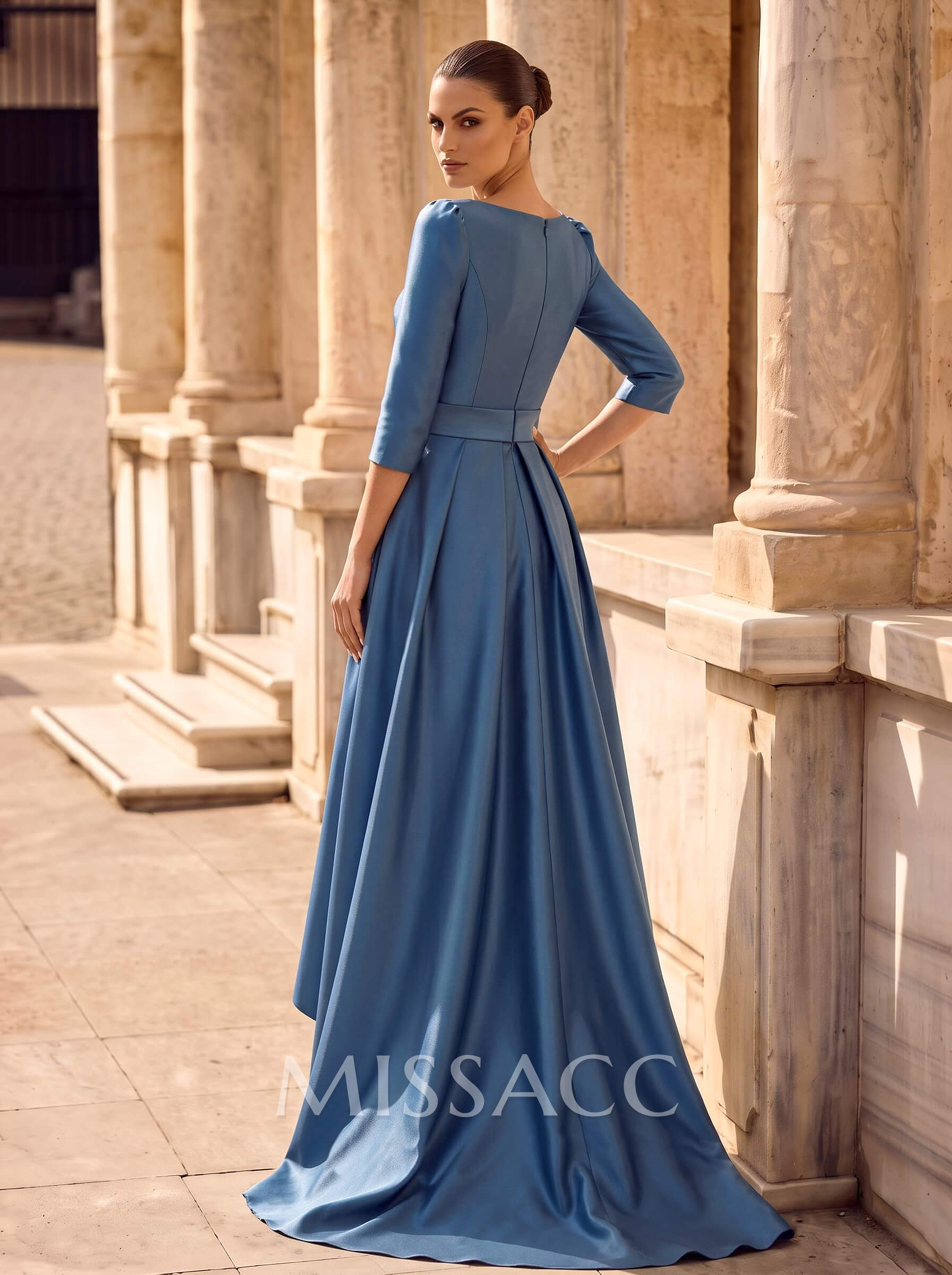 A-Line Scoop Neck 3/4 Sleeves Sweep Train Satin Evening Dresses