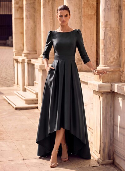 A-Line Scoop Neck 3/4 Sleeve Satin Formal Evening Dresses With Sweep Train